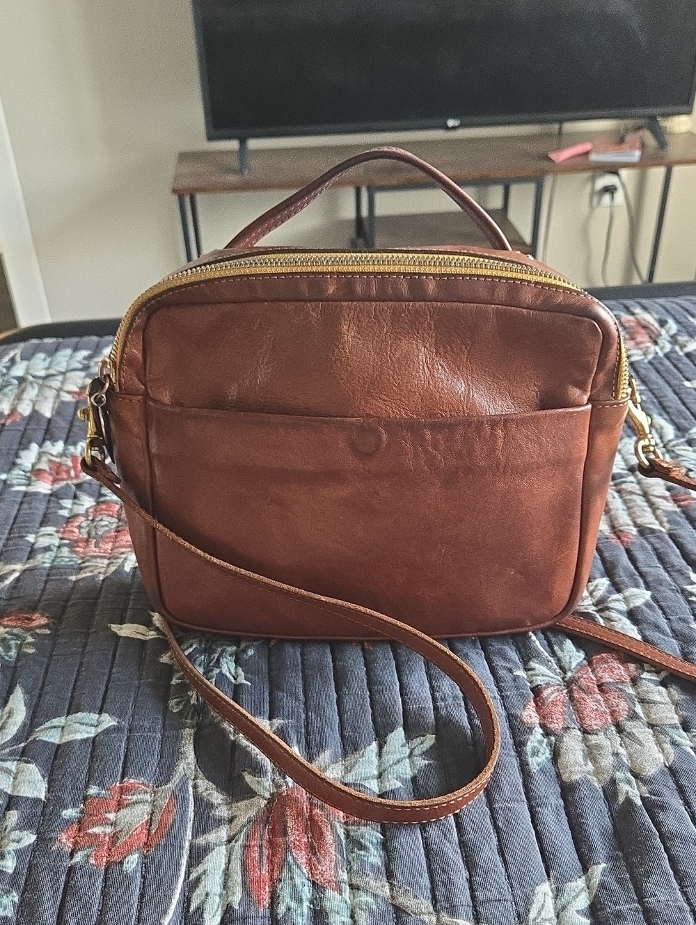 Clare V Mirabel Brown Leather Bag with Gold Hardware